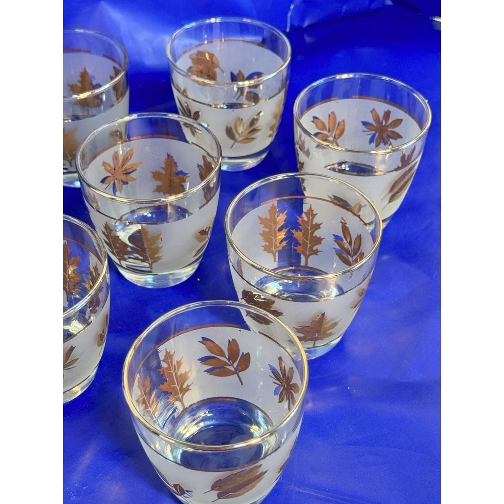 Set of 8 Libbey Golden Foliage Lowball Glasses Gold Rim Frosted 3